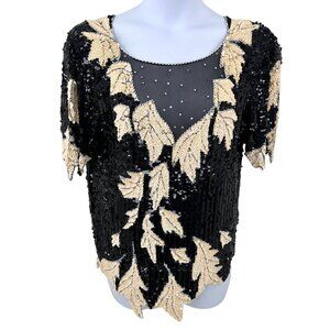 GORGEOUS VINTAGE DOMINIQUE RHINESTONE SEQUINS BEAD & TINY PEARL LEAF PATTERN TOP